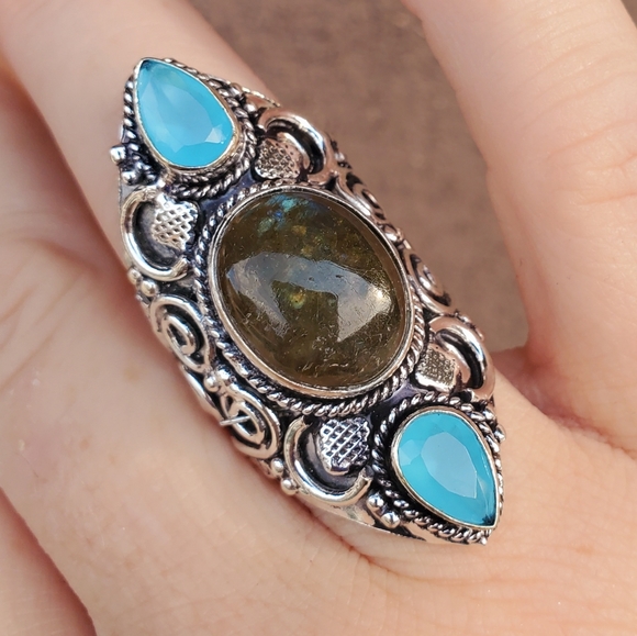 New Labradorite & Chalcedony 925 Silver Statement Ring. - Picture 13 of 15